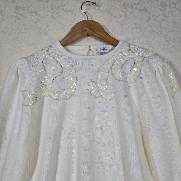 VTG Beaded TanJay Sweater sz L Ivory Off White Pearls Sequins - Picture 2 of 14